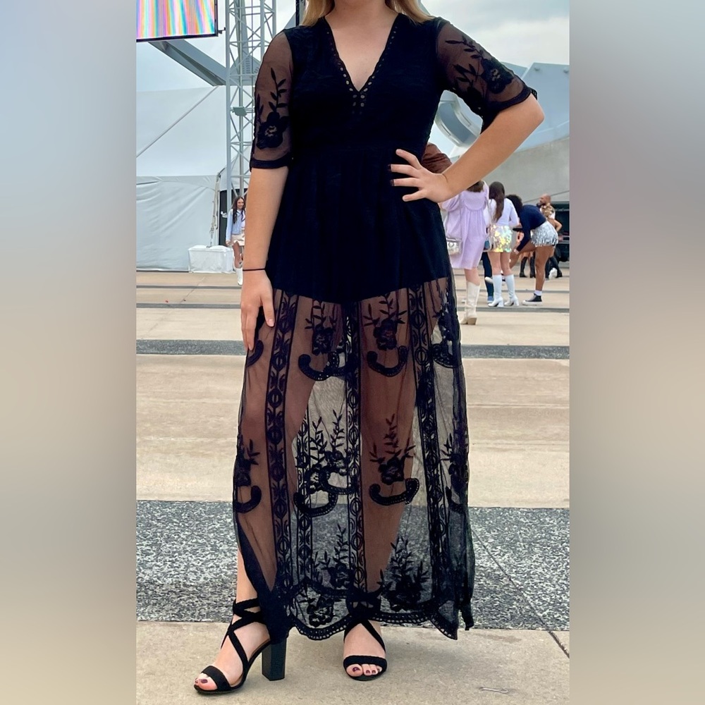 Beautiful black lace dress with shorts underneath lace layer. Fully lace back.